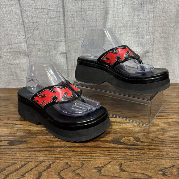 Harley-Davidson Red Flame Platform Sandals Women’s 8.5 Black Y2K Chunky Slide - Picture 1 of 9
